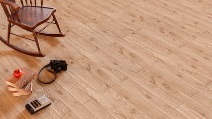 Engineered wood maple flooring of natural parquet, living room with decorations and reading room in...