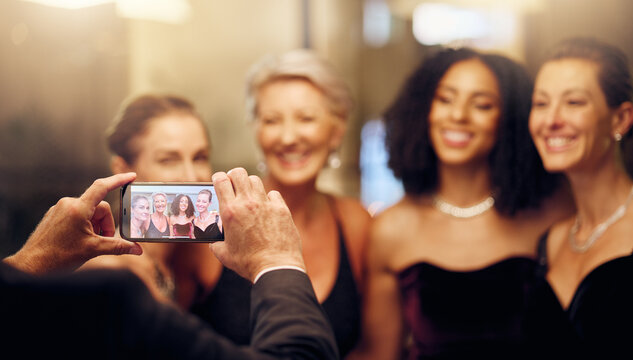 Phone, photography or women in a party in celebration of goals or new year at fancy luxury event. Girlfriends, camera pov or happy people take pictures for social media at dinner gala or fun birthday