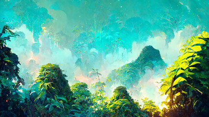Fototapeta premium Tropical Rainforest Landscape Tropical forest in the illustration Generative AI Content by Midjourney