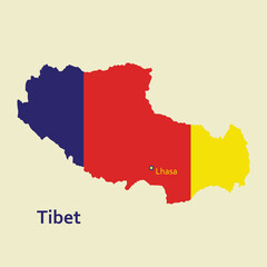 Obraz premium Tibet map vector with capital Lhasa marked. Tibet flag color background. Vector, illustration.