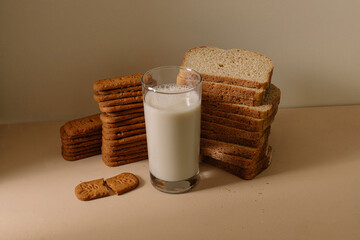 Still life of bread with a glass of milk