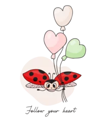 Fotobehang Cool card with ladybug. Cute insect ladybird with balloons. Follow your heart. Vector illustration in hand drawn doodle style. © Ludmila