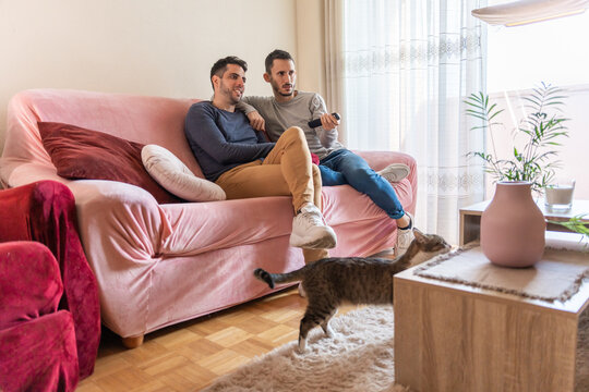 Cute Gay Couple Watching TV On The Couch.