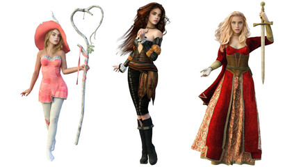 Obraz na płótnie Canvas set 3d illustration 3 fantasy girls in red dress with sword fairy witch asturian