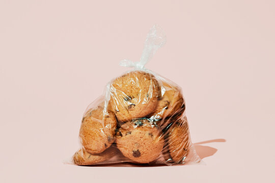 plastic bag with chocolate chip cookies