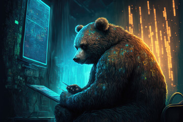 Bear in a digital world working with a computer.