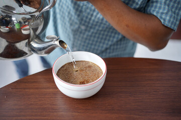Brew coffee on the wooden table