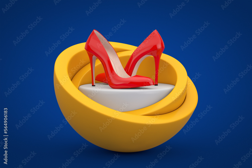Aufkleber Red High Heels Wooman Shooes over Yellow Elegant and Modern Product Presentation Promotion Stand or Pedestal in Shape of Spheres. 3d Rendering