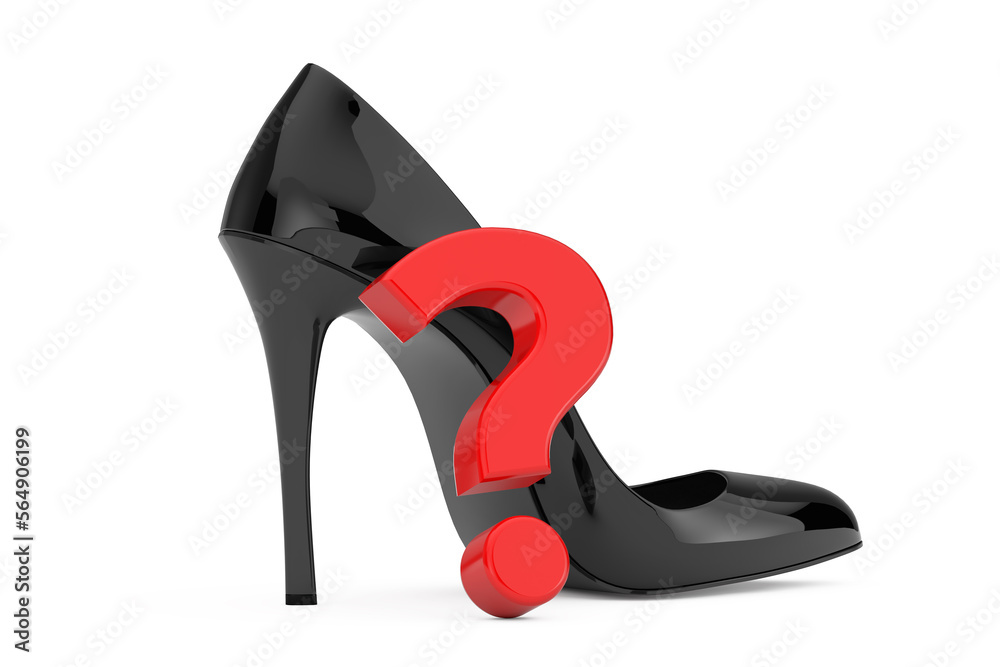 Poster Black High Heels Wooman Shooes with Red Question Mark. 3d Rendering