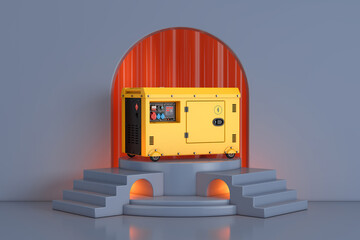 Big Yellow Outside Auxiliary Electric Power Generator Diesel Unit for Emergency Use on the Blue Cylinder Promotion Stand Podium with Arch Window in Studio Room with Steps. 3d Rendering
