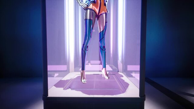 3D Animation of fashion doll with blue hair in modern summer clothes in a lighted display cabinet. Lifting close up shot
