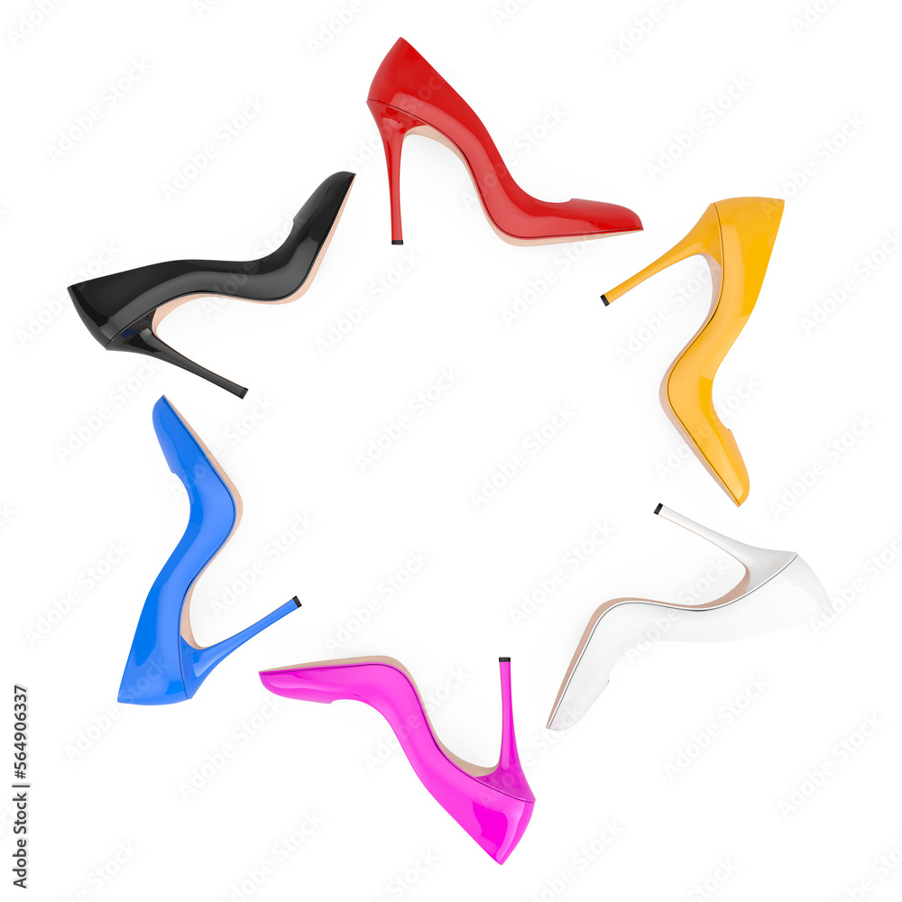Aufkleber Multicolored High Heels Wooman Shooes in Shape of Circle. 3d Rendering