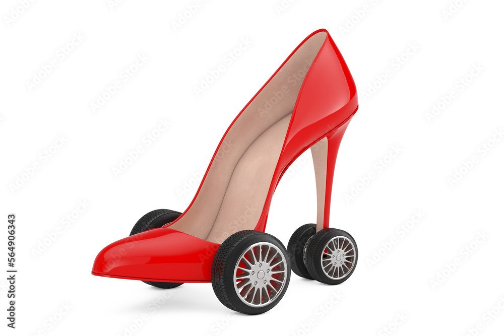 Aufkleber red high heels wooman shooes with wheels tyre. 3d rendering