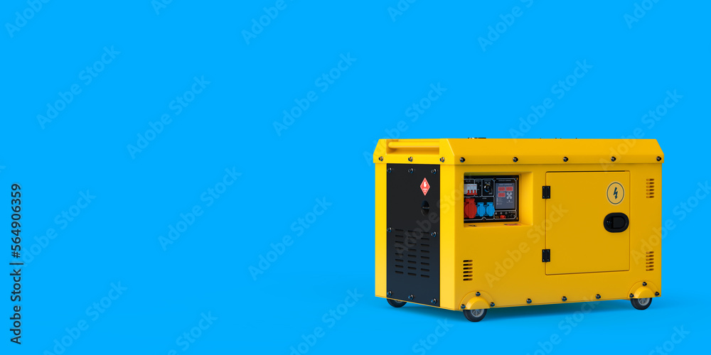 Aufkleber big yellow outside auxiliary electric power generator diesel unit for emergency use. 3d rendering