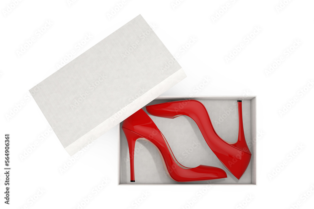 Aufkleber red high heels wooman shooes with blank white cardboard shoebox. 3d rendering