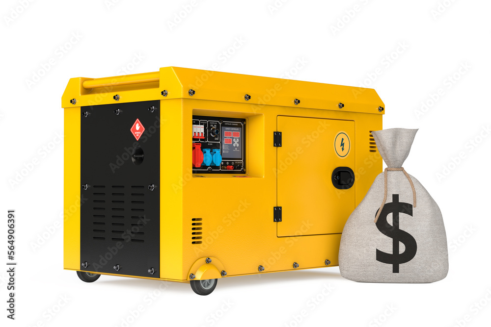 Fototapete big yellow outside auxiliary electric power generator diesel unit for emergency use with tied rustic