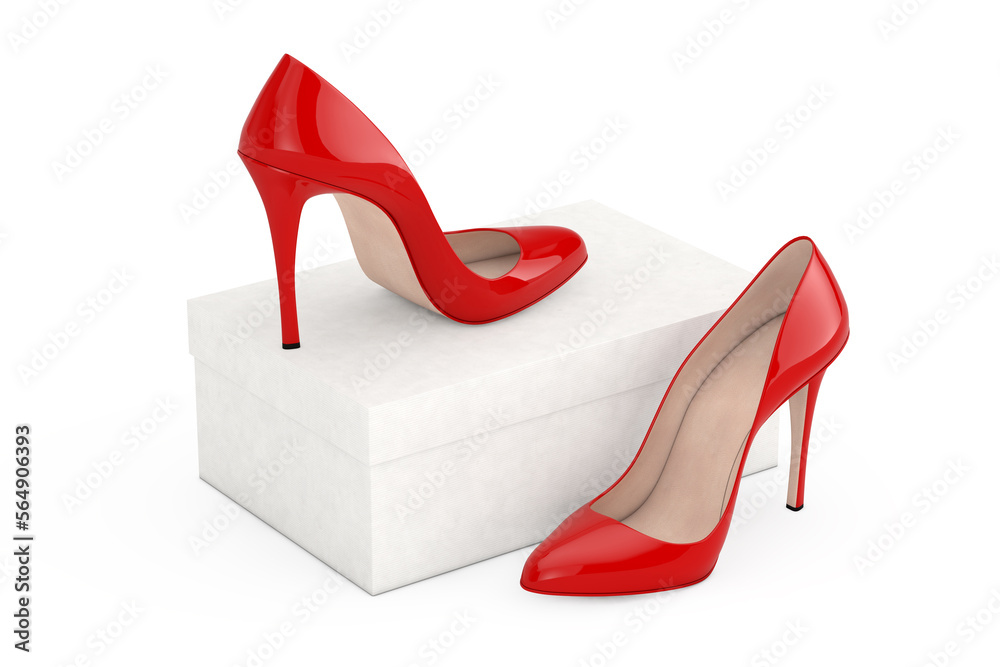 Aufkleber red high heels wooman shooes with blank white cardboard shoebox. 3d rendering