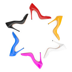 Multicolored High Heels Wooman Shooes in Shape of Circle. 3d Rendering