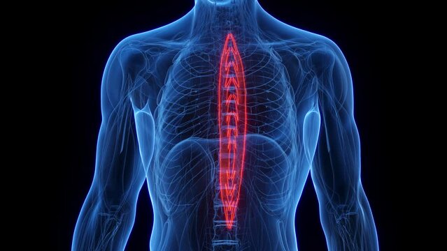 3D rendered medical animation of a man's spinalis thoracis