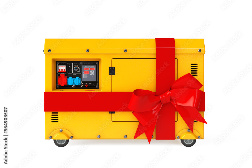 Poster big yellow outside auxiliary electric power generator diesel unit for emergency use with red gift ri