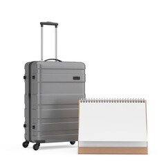 Travel Holiday Vacation Concept. Modern Luxury Plastic Gray Suitcases with Blank Paper Desk Spiral Calendar. 3d Rendering