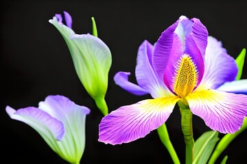Glowing iris purple flower head, purple iris single flower head, Generative AI