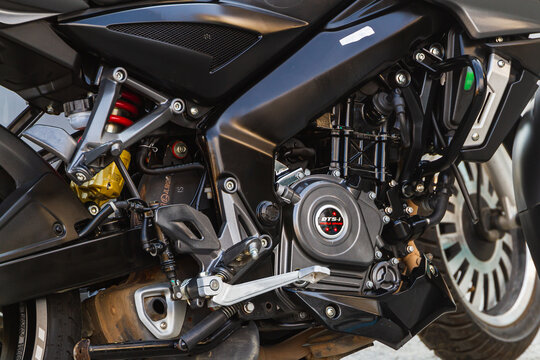 Side, Turkey -January 22, 2023:  close uop of the  a  black motorcycle against the backdrop of street