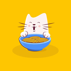 Cute cat character enjoys tasty ramen