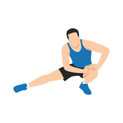 Obraz na płótnie Canvas Man stretching thighs and leg before workout. Flat vector illustration isolated on white background