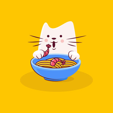 Cute cat character enjoys tasty ramen with shrimps