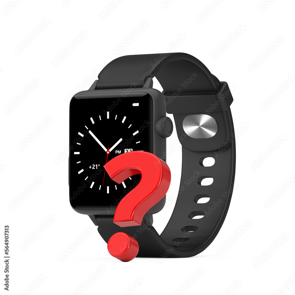Leinwandbilder black modern smart watch with strap and red question mark. 3d rendering