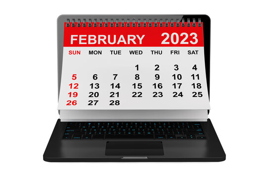 February 2023 calendar over laptop screen. 3d rendering
