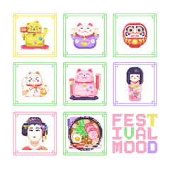 Set of cute spring season icons in pixel art style with maneki neko, geisha and ramen noodle. Japanese traditional cuisine dish, and national symbols. Ready to print travel pattern in 8 bit game style