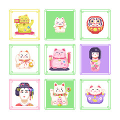 Pixel art japanese spring festival print pattern or icons set. 8 bit pixel icons of geisha, manikin neko and daruma. Decorative retro square pattern for stickers, t-shirts, web banners.