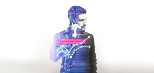 Double exposure portrait of middle age adult business man with network technology city