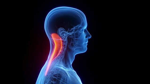 3D rendered medical animation of a man's splenius capitis
