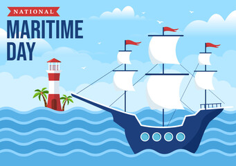Obraz na płótnie Canvas World Maritime Day Illustration with Sea and Ship for Web Banner or Landing Page in Flat Blue Nautical Celebration Cartoon Hand Drawn Templates