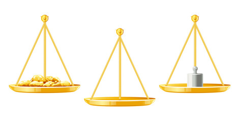 Set of weight scales with golden nuggets, weight measure and empty, part of golden justice scales, ancient weight scales on side view isolated illustration - obrazy, fototapety, plakaty