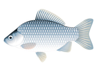 Realistic crucian carp fish isolated illustration, one freshwater fish on side view