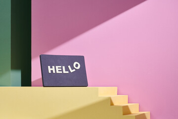  Hello blackboard sign on the color podium