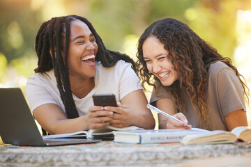 Students, friends and women with phone at park laughing at funny meme. University scholarship,...