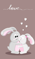 White rabbit hugs. Hearts and an inscription of love on a dark background. Girl and boy. Vertical. Vector. Postcard.