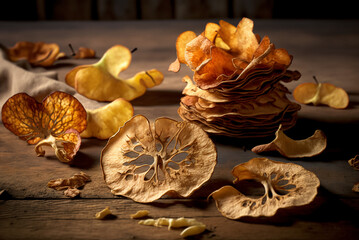 Fototapeta premium Dried Apple Slices on wooden table. AI generated