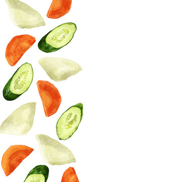 手描き水彩のきゅうりと大根と人参の糠漬けイラスト正方形フレーム・左