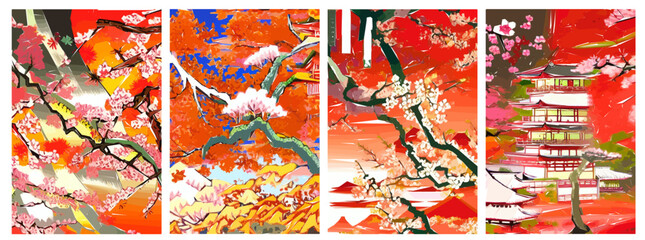 Set of four vector illustrations of traditional Japanese landscape, architecture and cherry blossom tree.