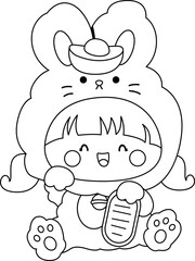 a vector of a rabbit holding a giant gold coin in black and white coloring