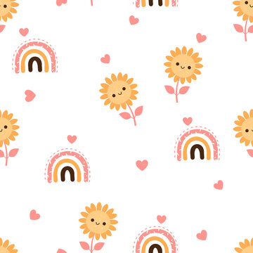 Seamless pattern with sunflower cartoons, pink hearts and rainbows on white background vector illustration. Cute childish print.