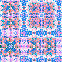 Washed Red Blue blur white vibrant watercolor batik azulejos tile background. Seamless coastal linen effect geometric mosaic effect. Boho Patchwork nautical masculine all over summer fashion repeat.