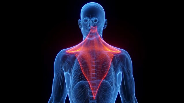 3D rendered medical animation of a man's trapezius