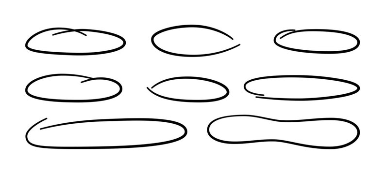 Hand drawn long circle ovals set. Ellipses of different widths. Highlight circle frames. Elipses and ovals in doodle style. Set of vector illustration isolated on white background.